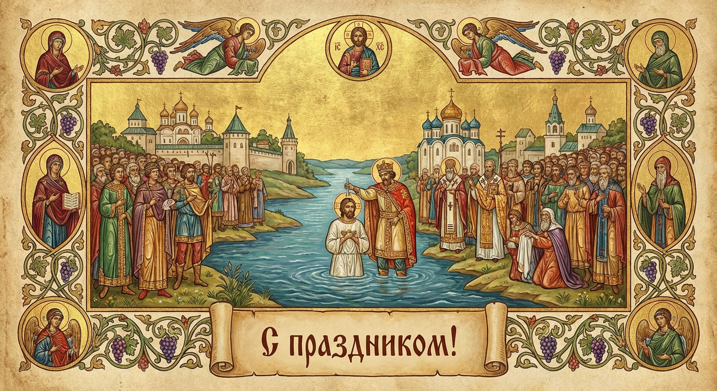 Создать открытку-картинку с поздравлением на День крещения Руси с помощью нейросети