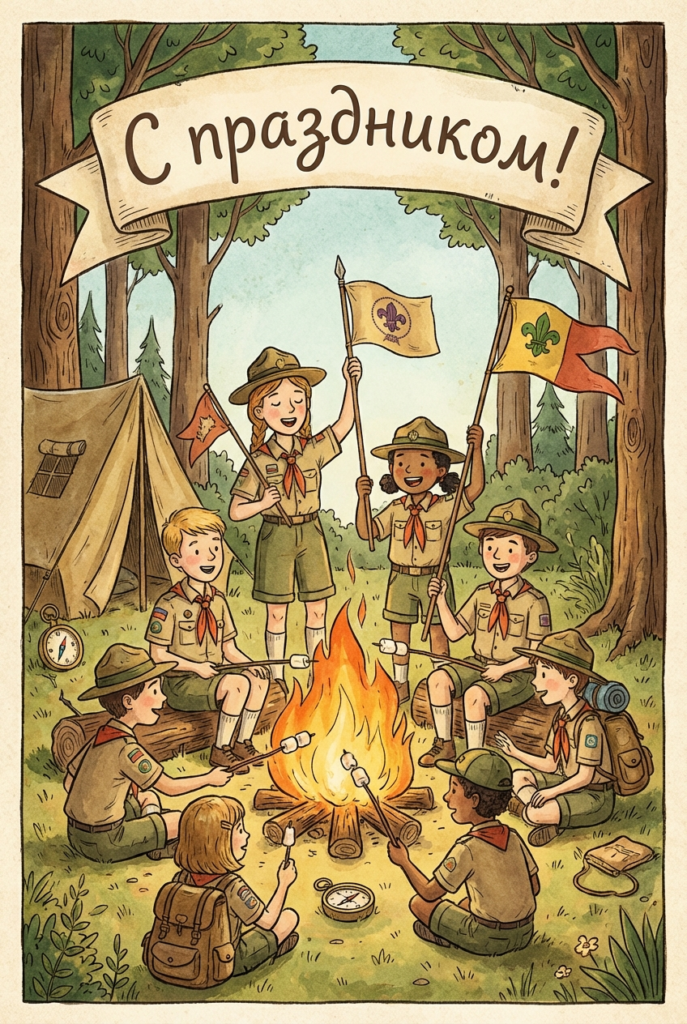 Создать открытку-картинку с поздравлением на Международный день бойскаутов с помощью нейросети