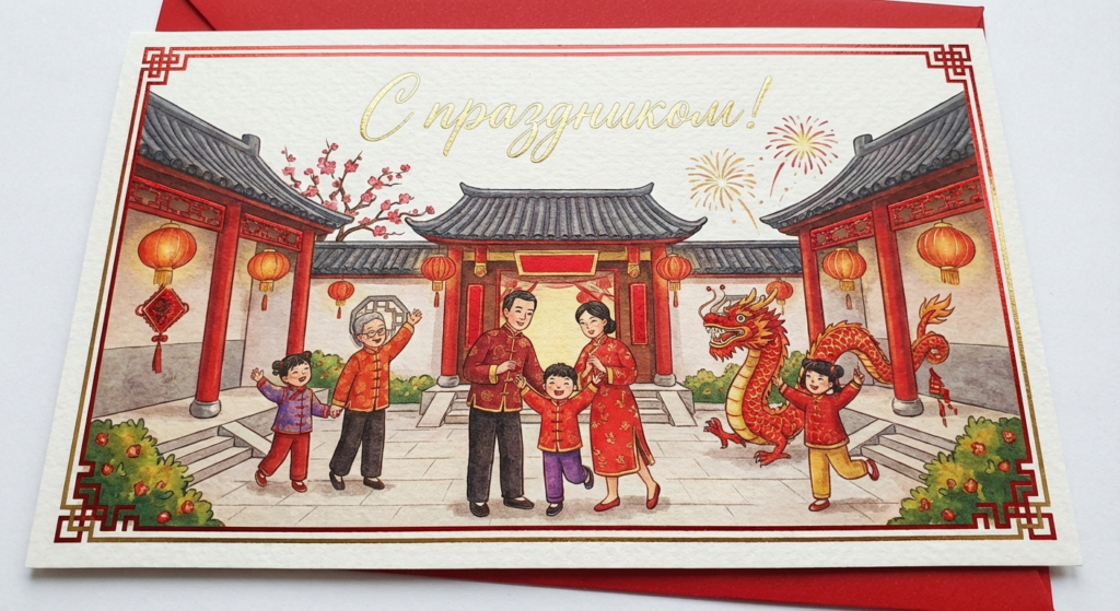 Создать открытку-картинку с поздравлением на Китайский Новый год с помощью нейросети