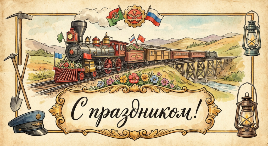Создать открытку-картинку с поздравлением на День железнодорожника с помощью нейросети