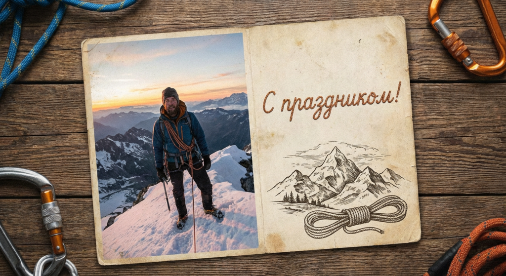Создать открытку-картинку с поздравлением на Международный день альпинизма с помощью нейросети