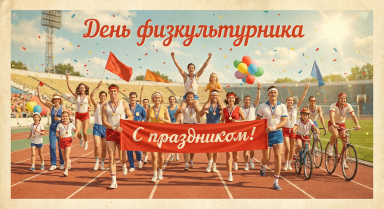 Создать открытку-картинку с поздравлением на День физкультурника с помощью нейросети