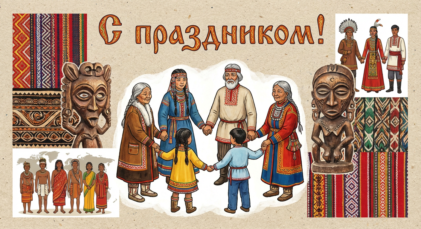 Создать открытку-картинку с поздравлением на Международный день коренных народов мира с помощью нейросети
