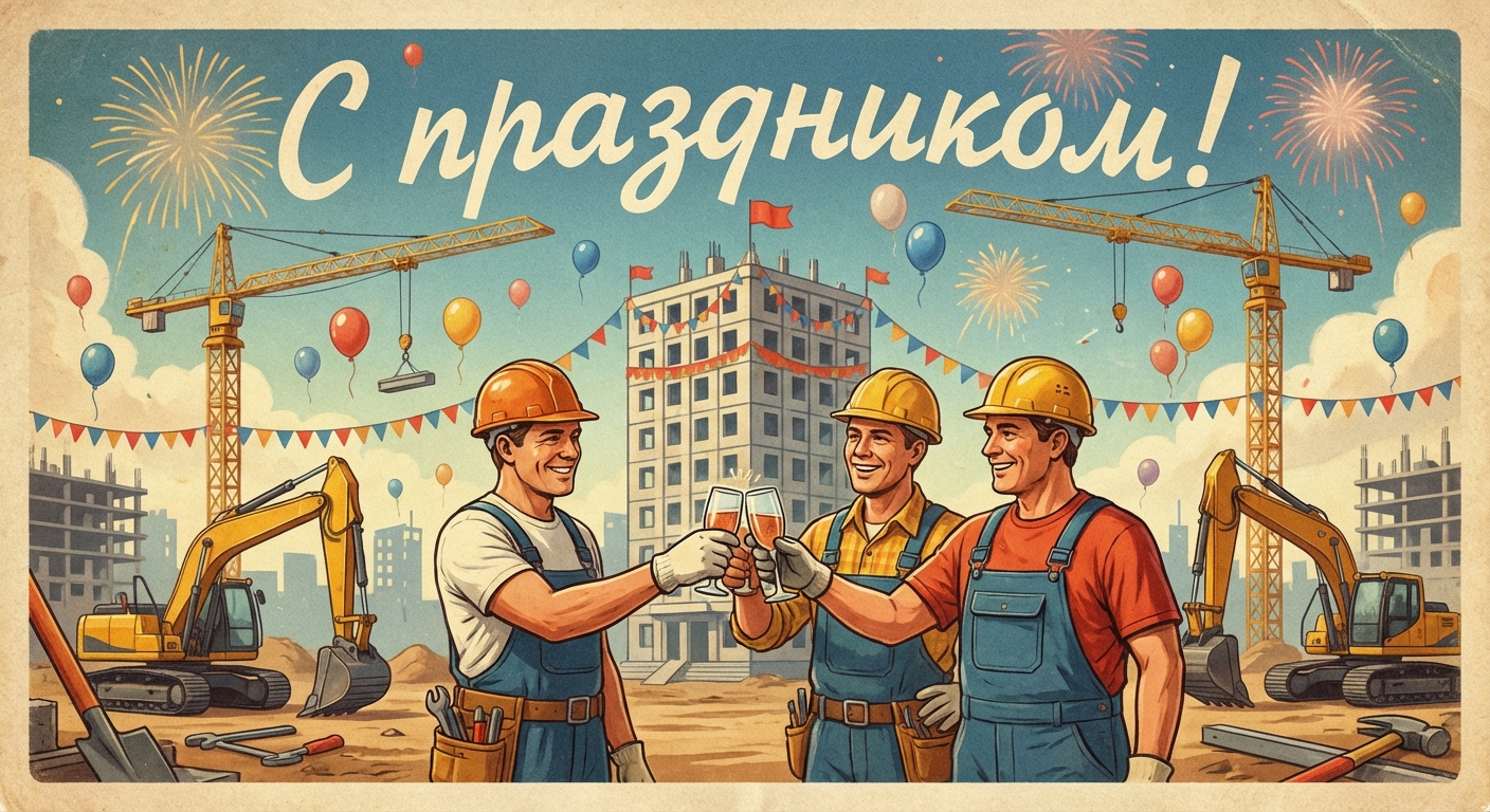 Создать открытку-картинку с поздравлением на День строителя с помощью нейросети
