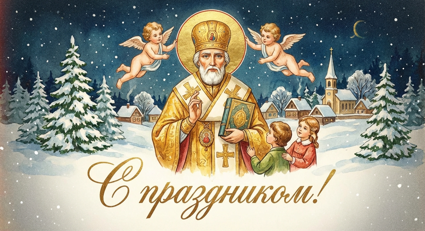 Создать открытку-картинку с поздравлением на Рождество святителя Николая Чудотворца с помощью нейросети