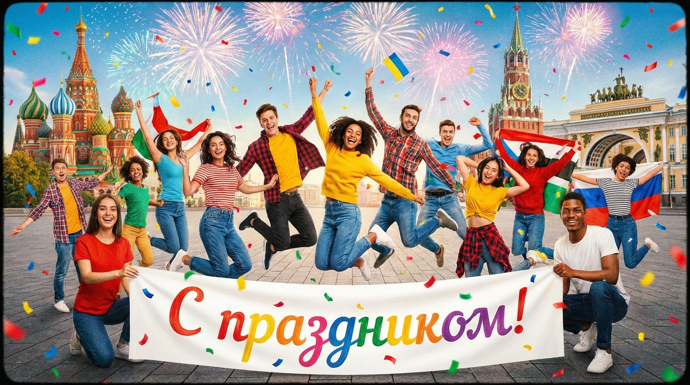 Создать открытку-картинку с поздравлением на Международный день молодежи с помощью нейросети