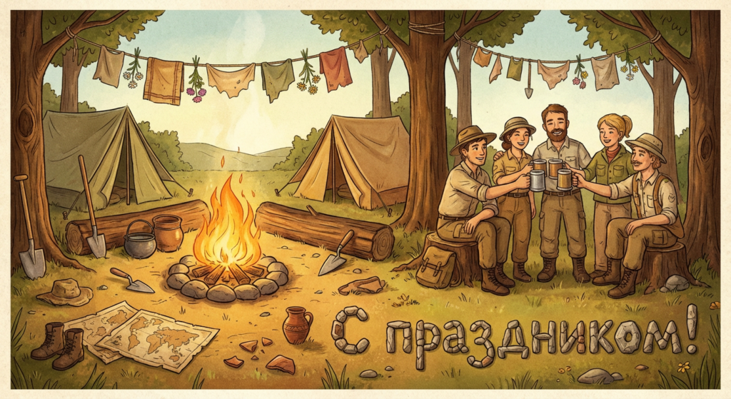 Создать открытку-картинку с поздравлением на День археолога с помощью нейросети