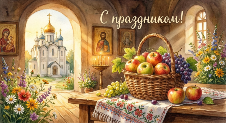 Создать открытку-картинку с поздравлением на Преображение Господне. Яблочный Спас с помощью нейросети