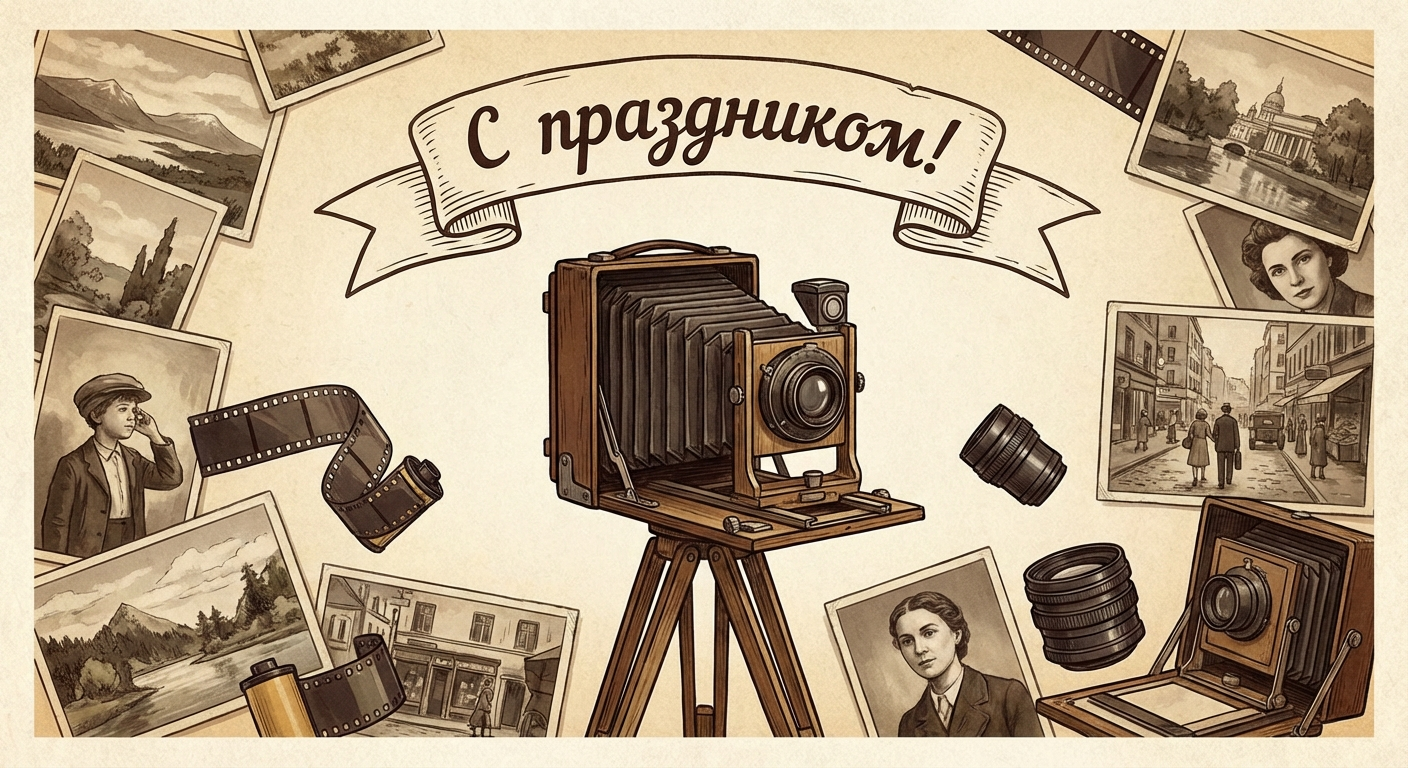 Создать открытку-картинку с поздравлением на Всемирный день фотографии с помощью нейросети