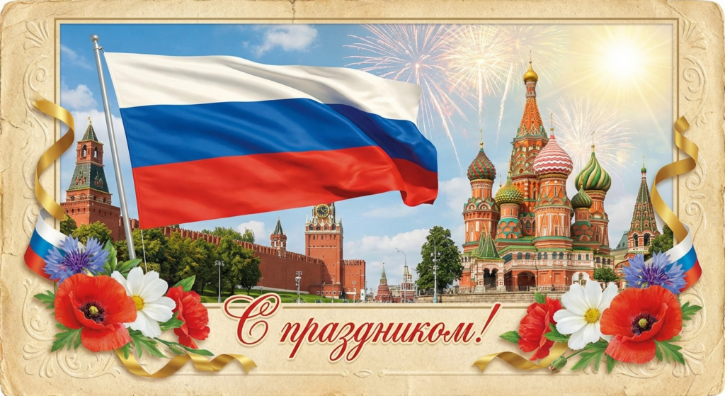 Создать открытку-картинку с поздравлением на День флага России с помощью нейросети