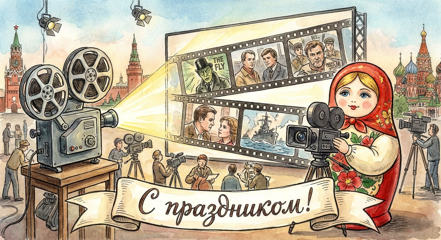 Создать открытку-картинку с поздравлением на День российского кино с помощью нейросети