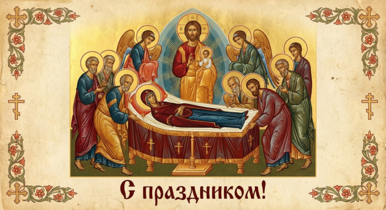 Создать открытку-картинку с поздравлением на Успение Пресвятой Богородицы с помощью нейросети