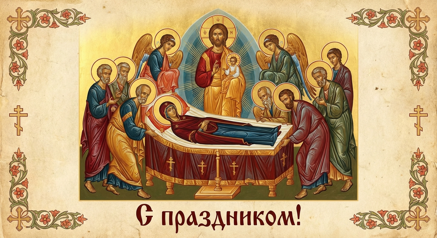 Создать открытку-картинку с поздравлением на Успение Пресвятой Богородицы с помощью нейросети