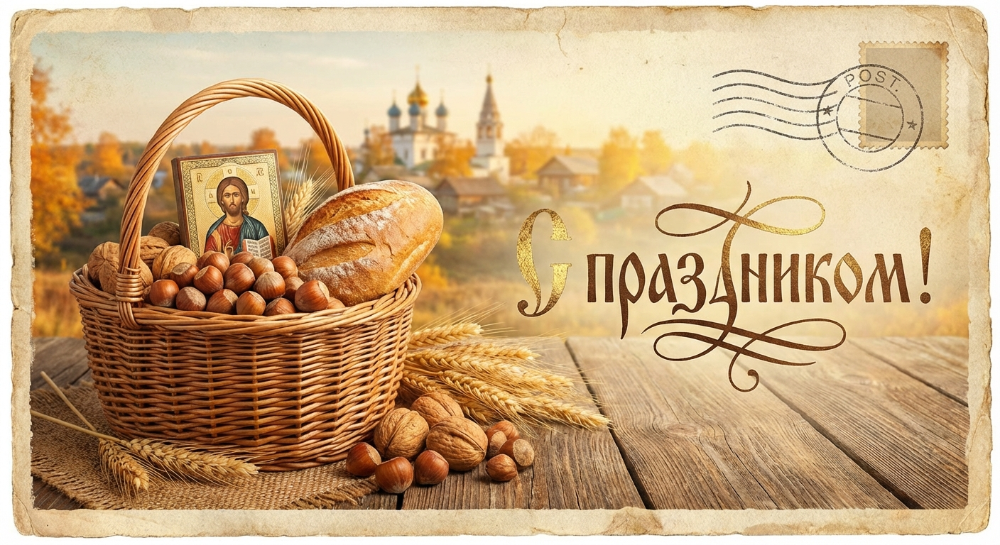 Создать открытку-картинку с поздравлением на Третий (Ореховый) Спас с помощью нейросети