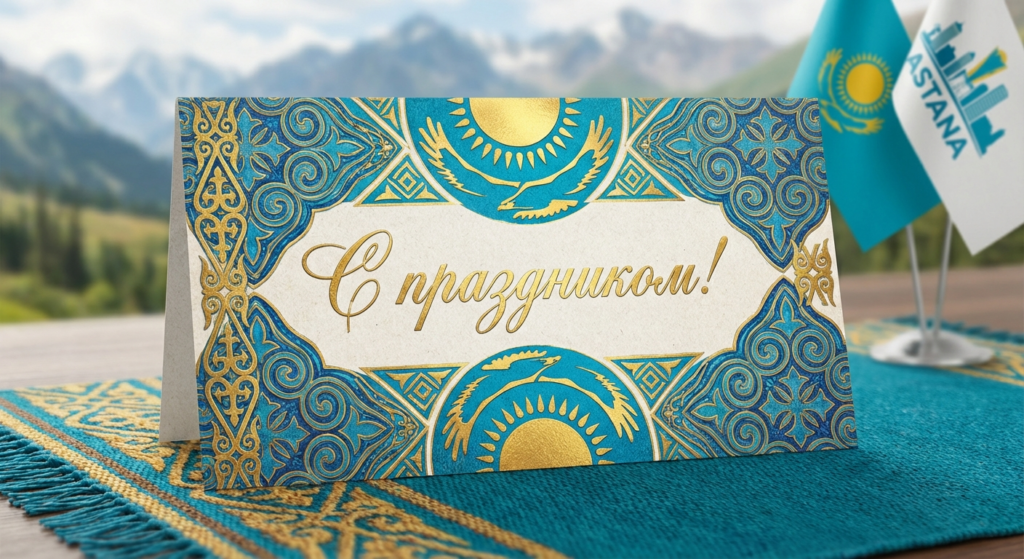 Создать открытку-картинку с поздравлением на День конституции Казахстана с помощью нейросети