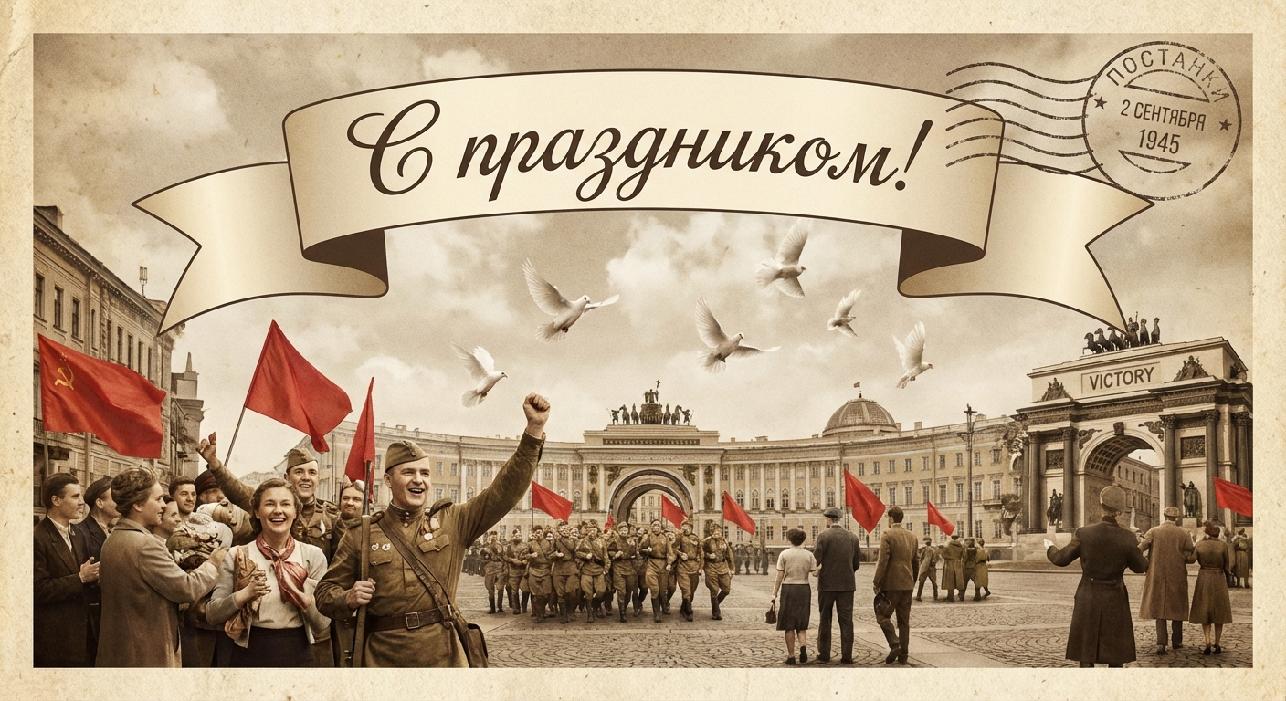 Создать открытку-картинку с поздравлением на День окончания Второй мировой войны с помощью нейросети