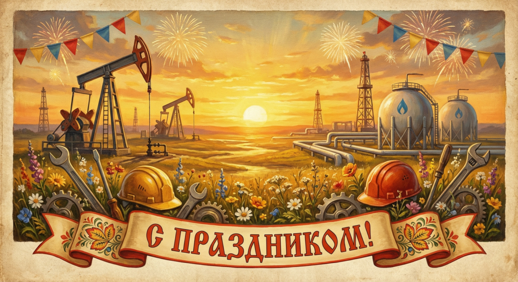 Создать открытку-картинку с поздравлением на День работников нефтяной, газовой и топливной промышленности с помощью нейросети