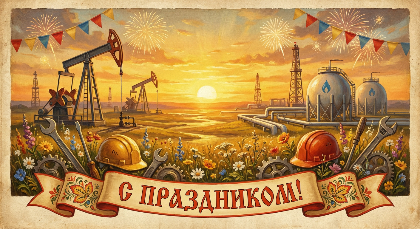 Создать открытку-картинку с поздравлением на День работников нефтяной, газовой и топливной промышленности с помощью нейросети