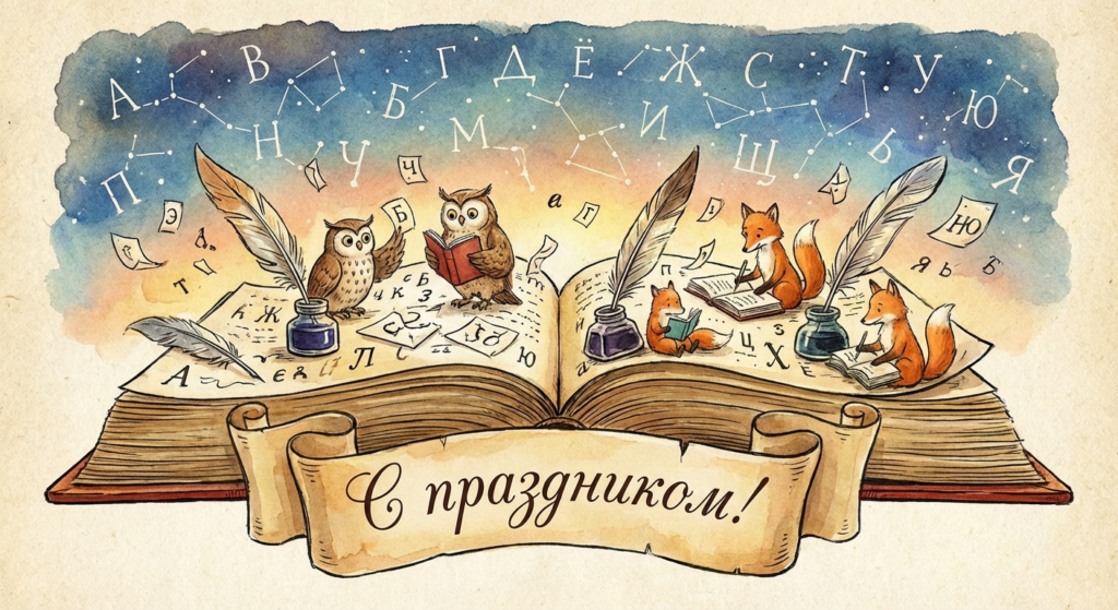 Создать открытку-картинку с поздравлением на Международный день грамотности с помощью нейросети