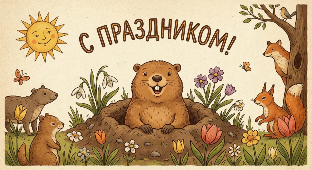 Создать открытку-картинку с поздравлением на День сурка с помощью нейросети