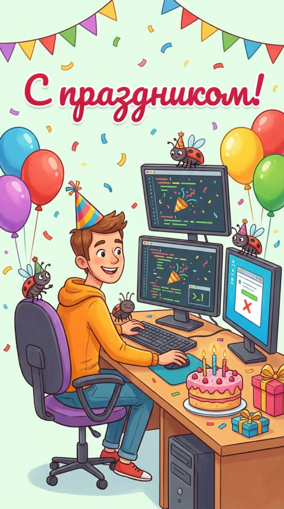 Создать открытку-картинку с поздравлением на День тестировщика с помощью нейросети