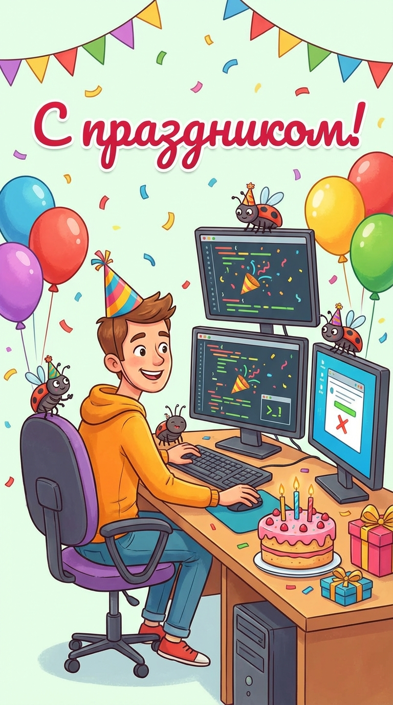 Создать открытку-картинку с поздравлением на День тестировщика с помощью нейросети