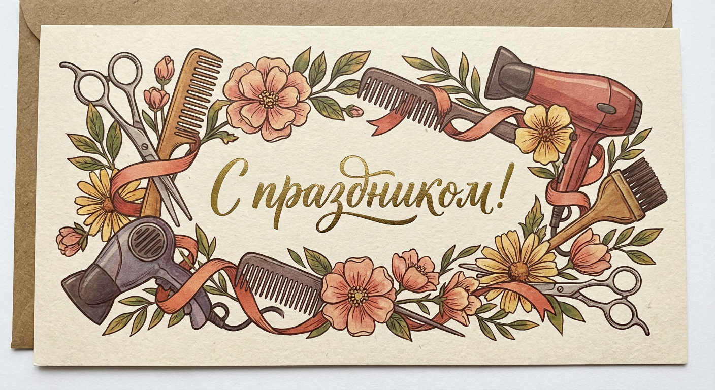 Создать открытку-картинку с поздравлением на День парикмахера с помощью нейросети