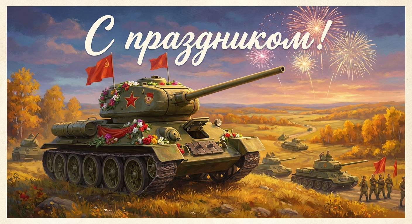 Создать открытку-картинку с поздравлением на День танкиста с помощью нейросети