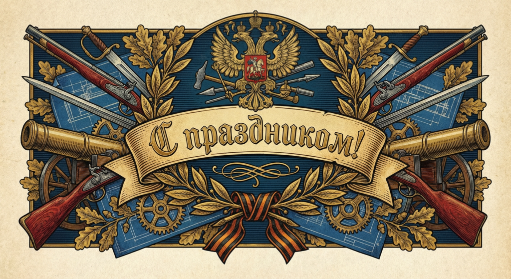 Создать открытку-картинку с поздравлением на День оружейника с помощью нейросети