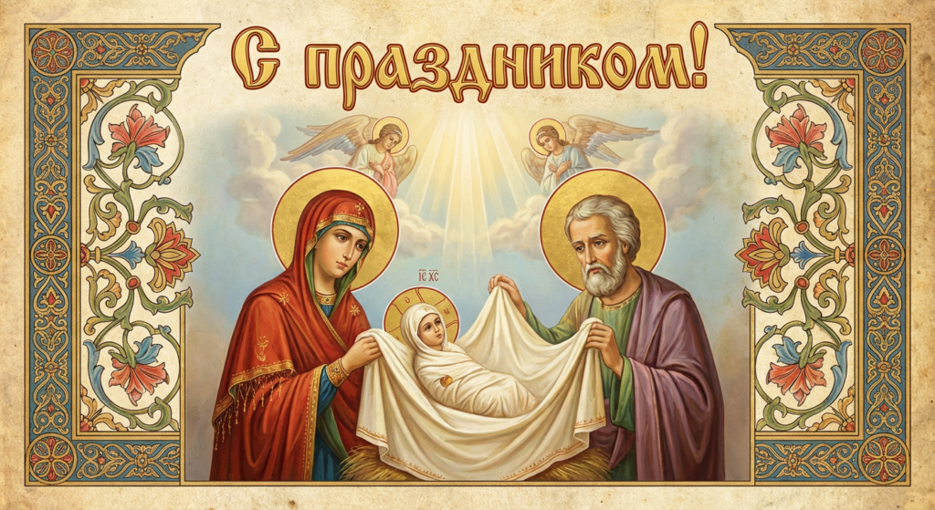 Создать открытку-картинку с поздравлением на Рождество Пресвятой Богородицы с помощью нейросети