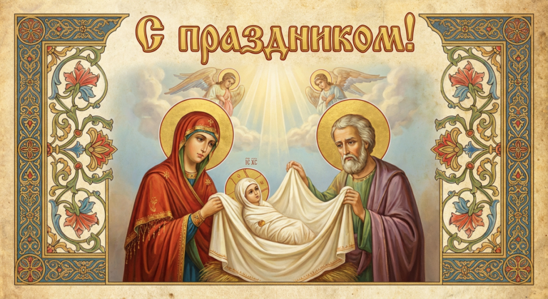 Создать открытку-картинку с поздравлением на Рождество Пресвятой Богородицы с помощью нейросети