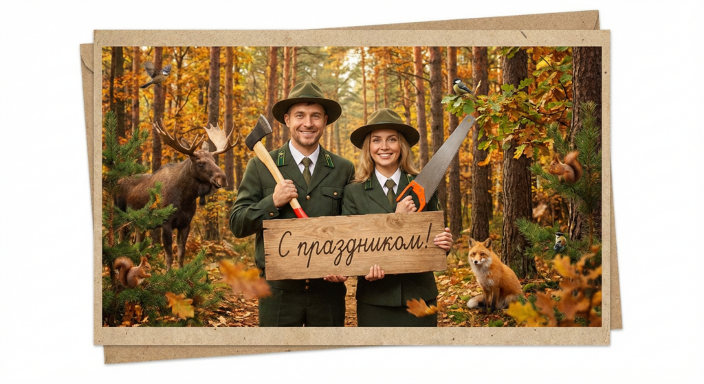 Создать открытку-картинку с поздравлением на День работников леса с помощью нейросети
