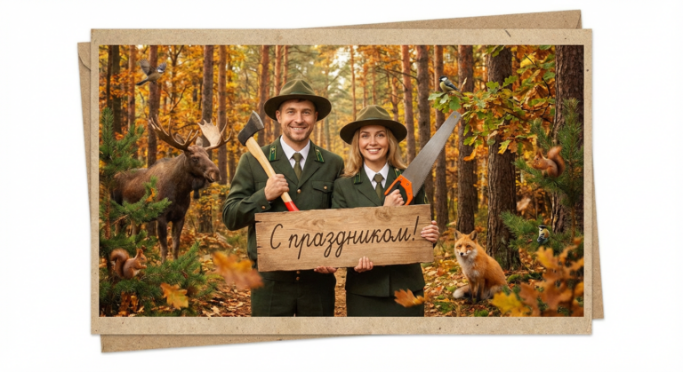 Создать открытку-картинку с поздравлением на День работников леса с помощью нейросети