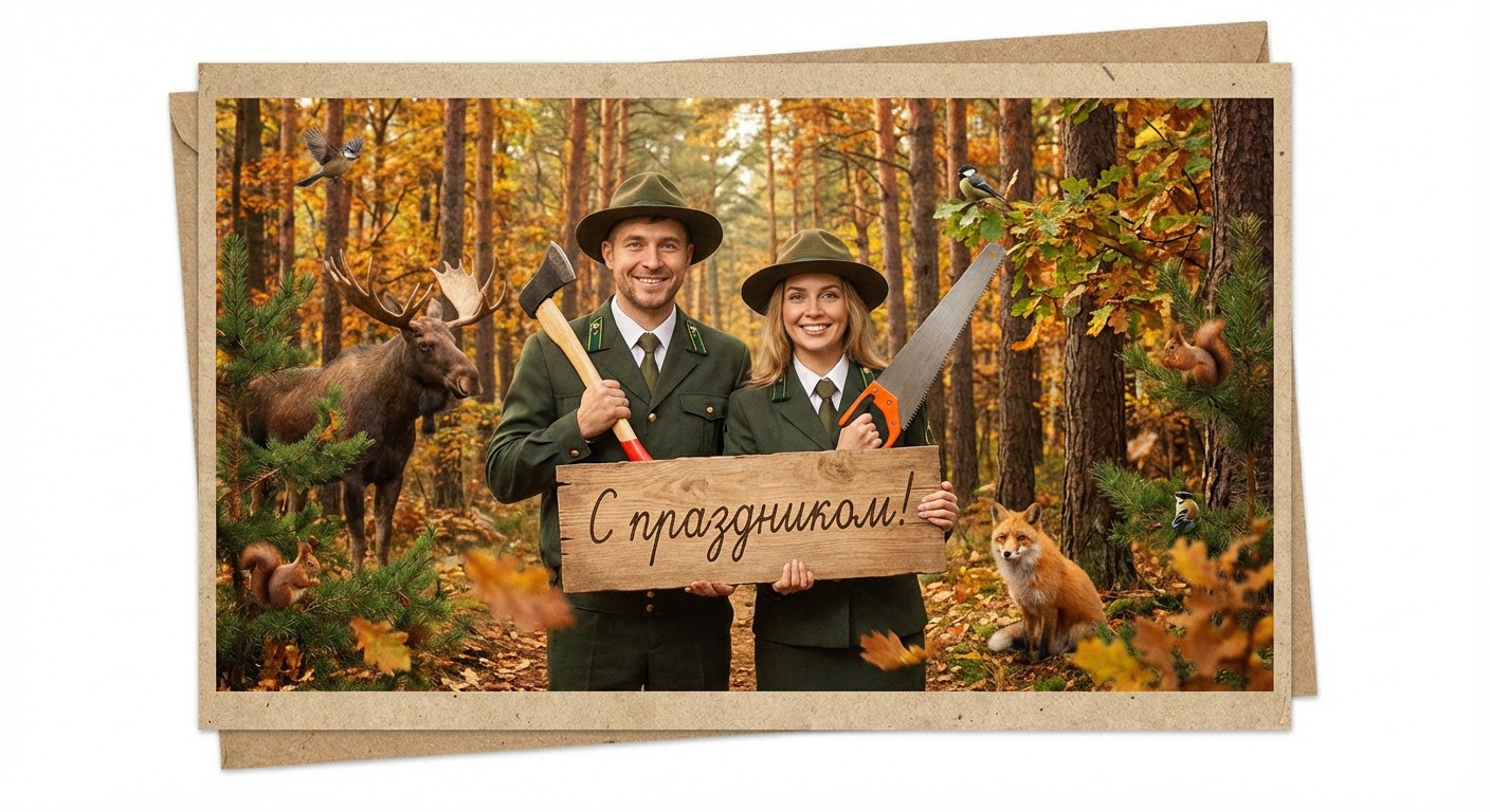 Создать открытку-картинку с поздравлением на День работников леса с помощью нейросети