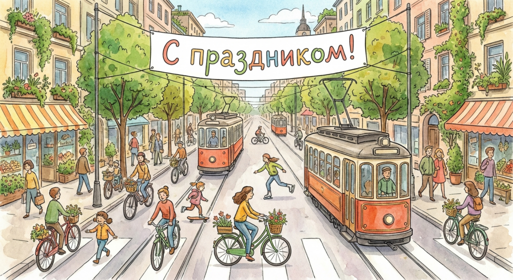 Создать открытку-картинку с поздравлением на Всемирный день без автомобиля с помощью нейросети