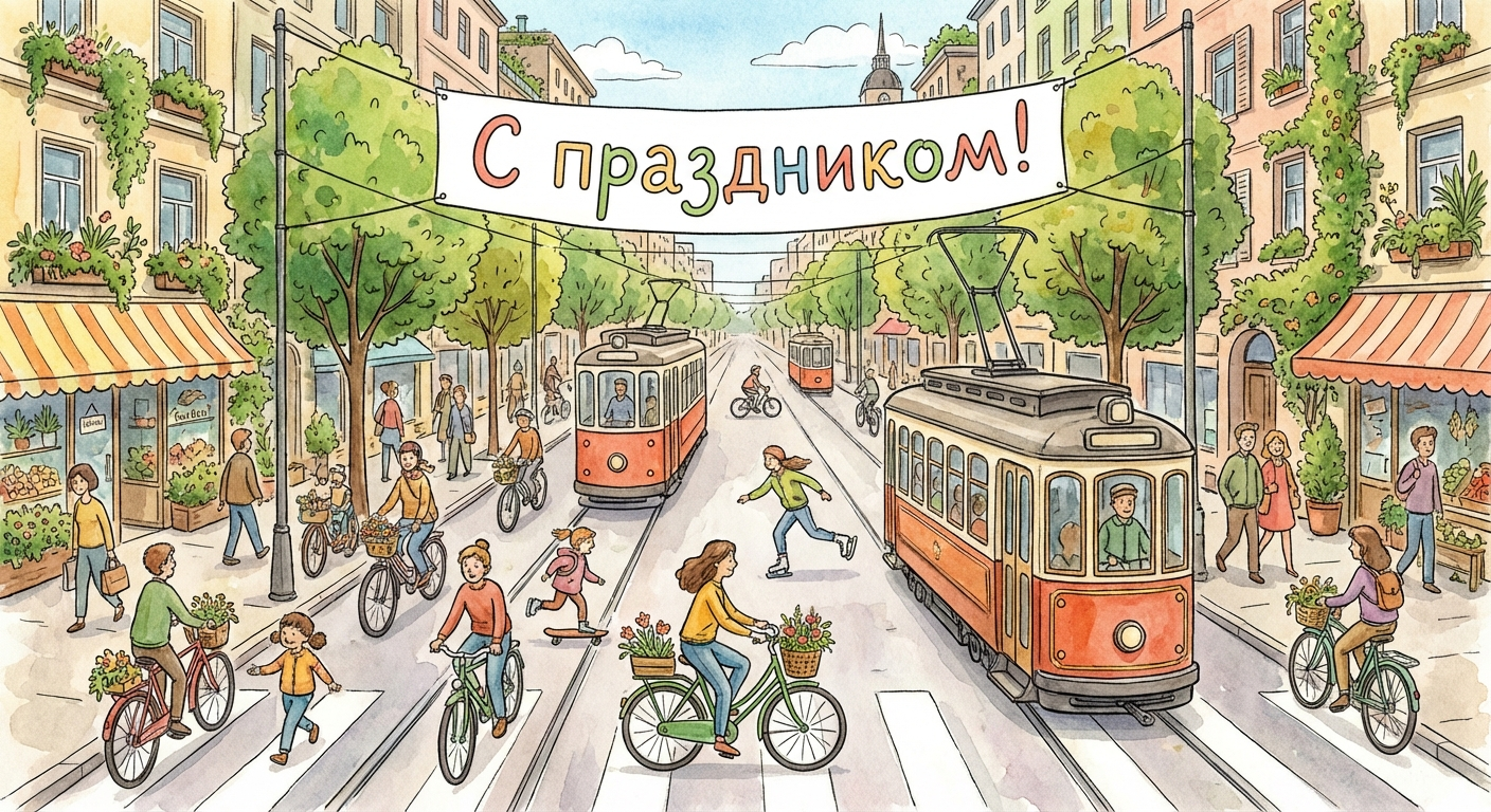 Создать открытку-картинку с поздравлением на Всемирный день без автомобиля с помощью нейросети