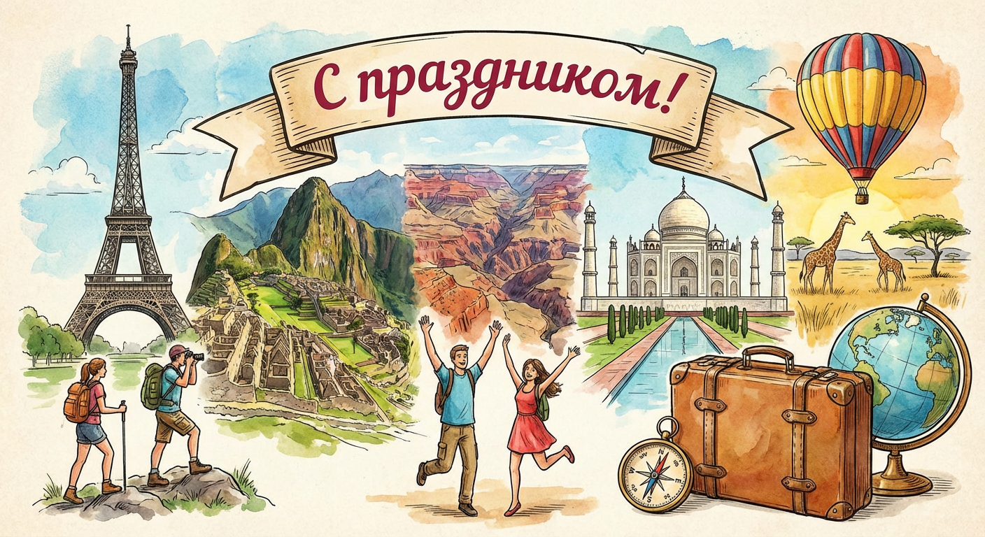 Создать открытку-картинку с поздравлением на Всемирный день туризма с помощью нейросети
