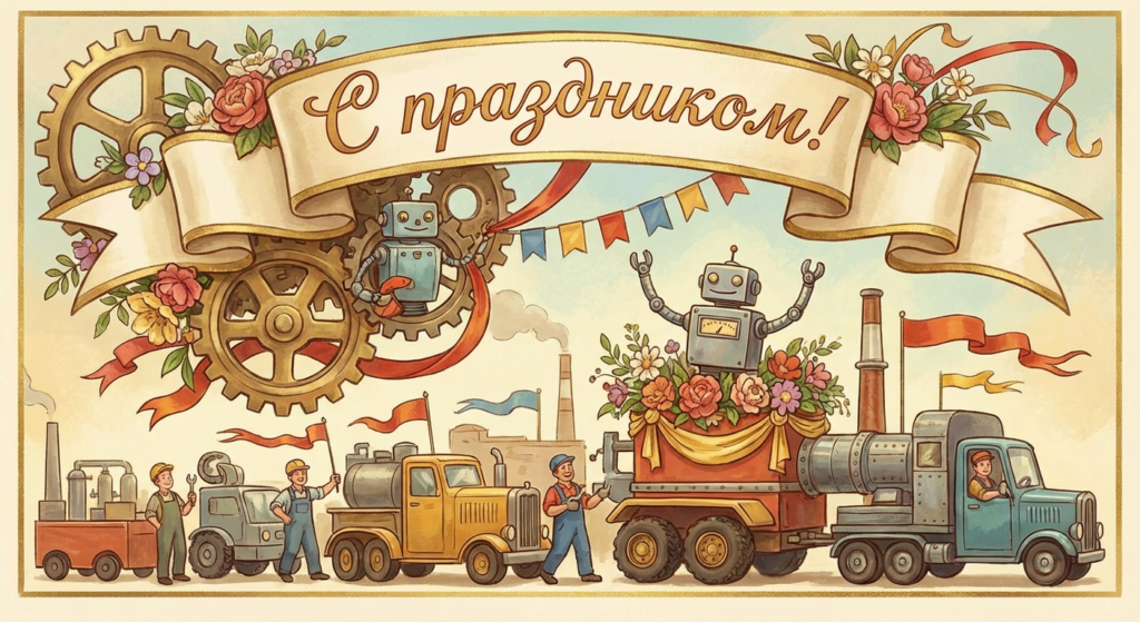 Создать открытку-картинку с поздравлением на День машиностроителя с помощью нейросети