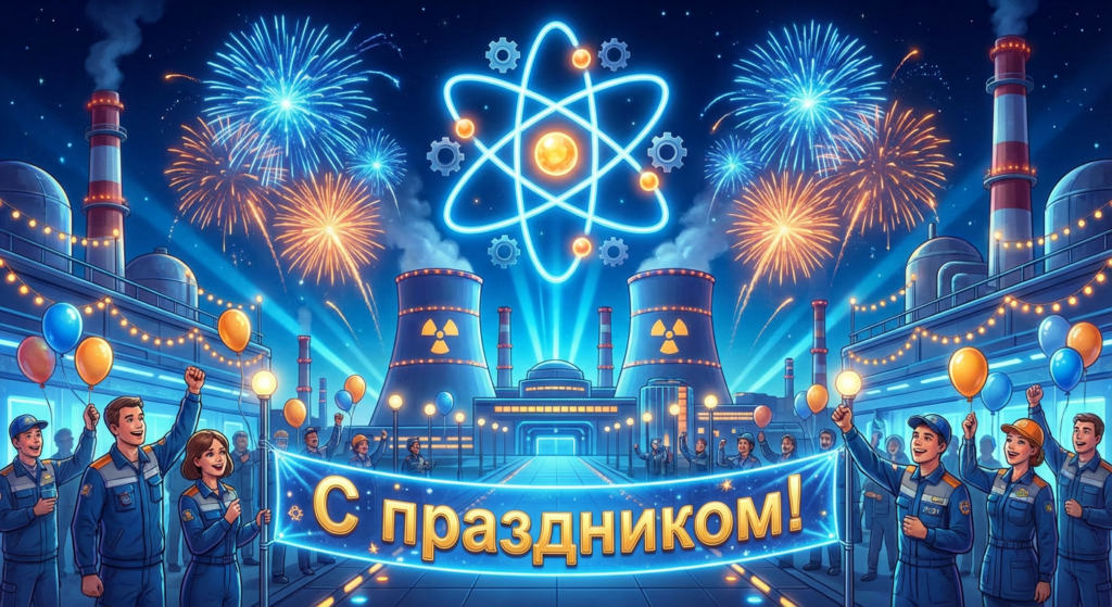 Создать открытку-картинку с поздравлением на День работника атомной промышленности с помощью нейросети