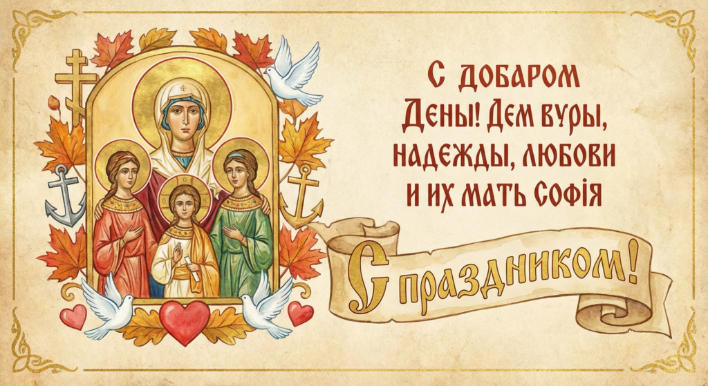 Создать открытку-картинку с поздравлением на День Веры, Надежды, Любви и матери их Софии с помощью нейросети