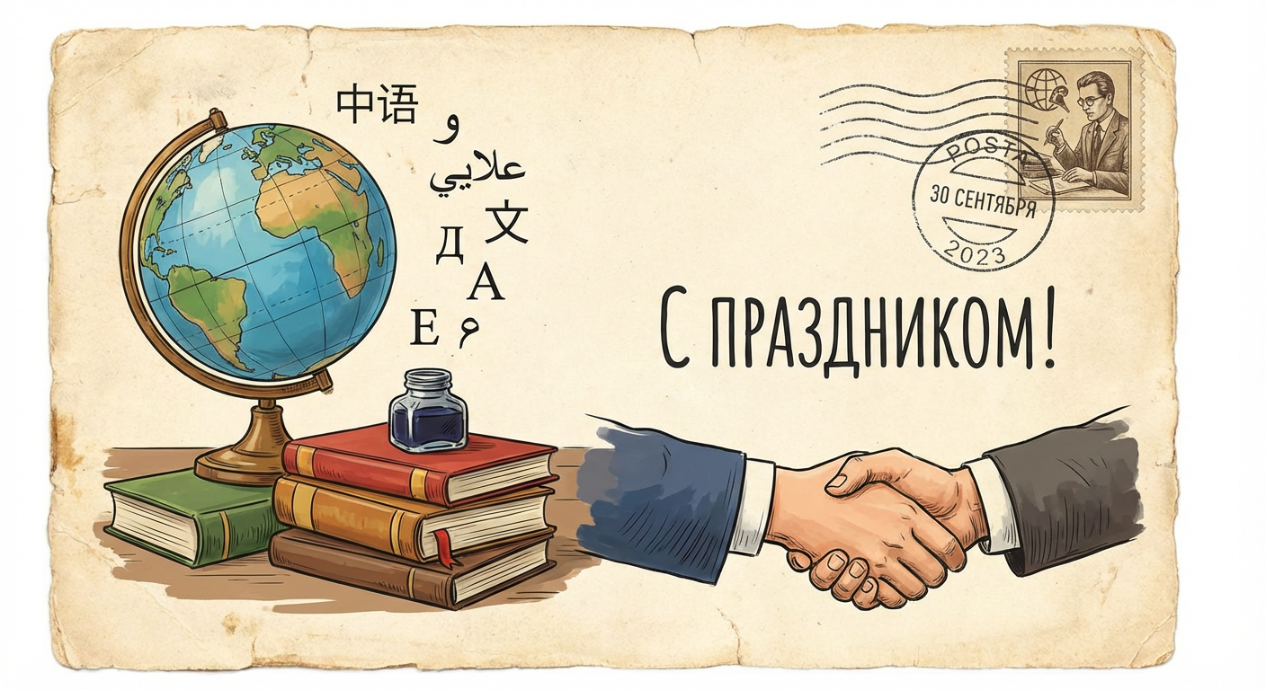 Создать открытку-картинку с поздравлением на Международный день переводчика с помощью нейросети