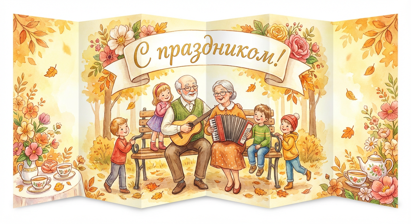 Создать открытку-картинку с поздравлением на Международный день пожилых людей с помощью нейросети