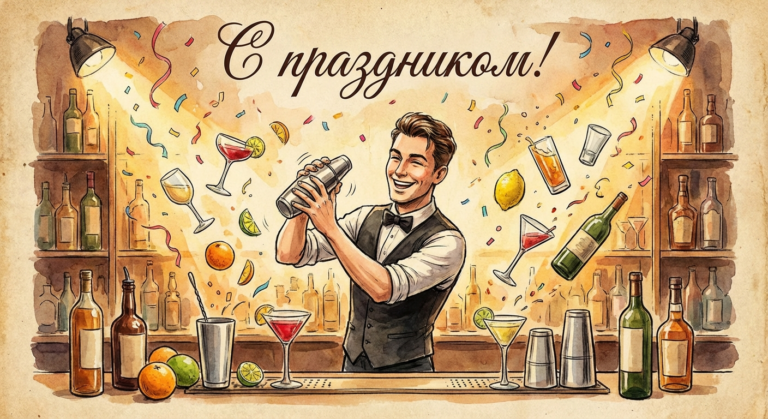 Создать открытку-картинку с поздравлением на Международный день бармена с помощью нейросети