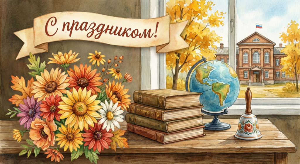 Создать открытку-картинку с поздравлением на День учителя в России с помощью нейросети