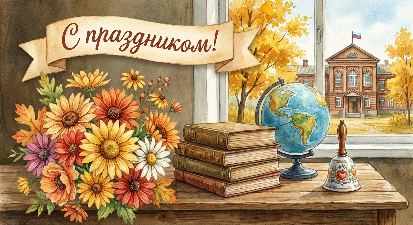 Создать открытку-картинку с поздравлением на День учителя в России с помощью нейросети