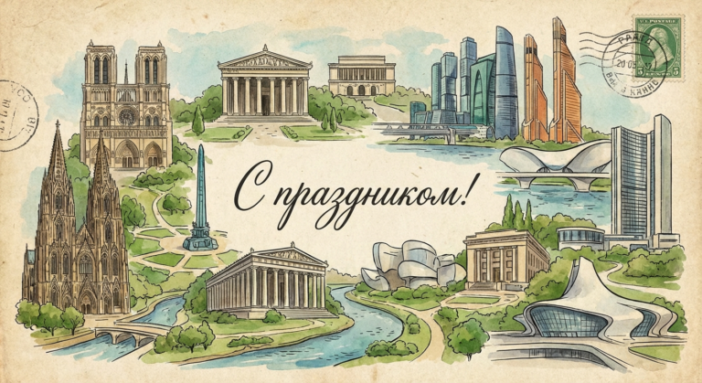 Создать открытку-картинку с поздравлением на Всемирный день архитектуры с помощью нейросети