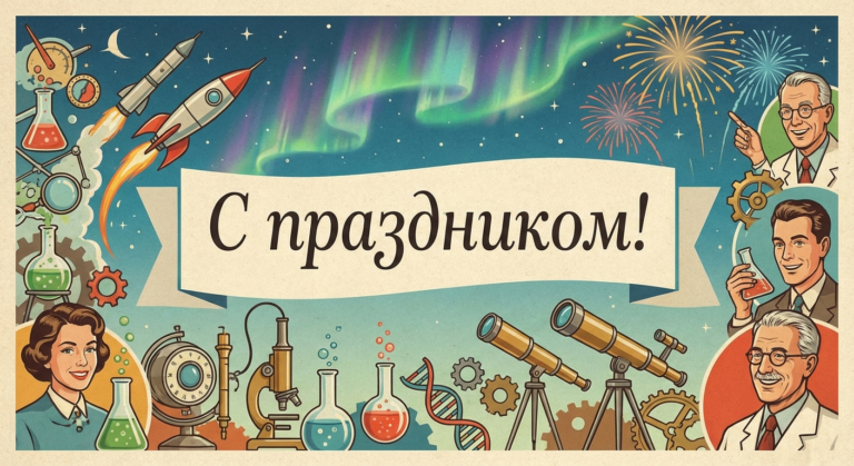 Создать открытку-картинку с поздравлением на День науки с помощью нейросети