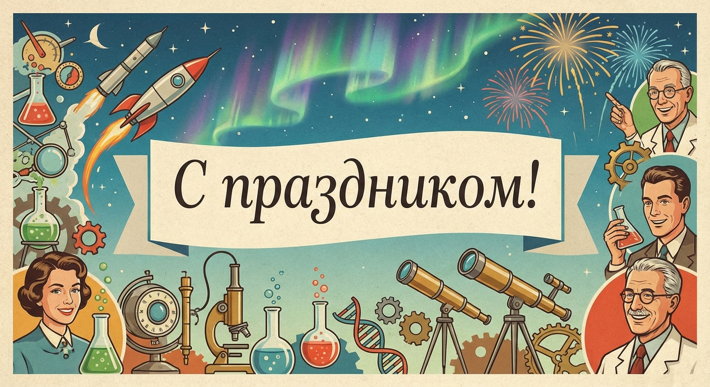 Создать открытку-картинку с поздравлением на День науки с помощью нейросети