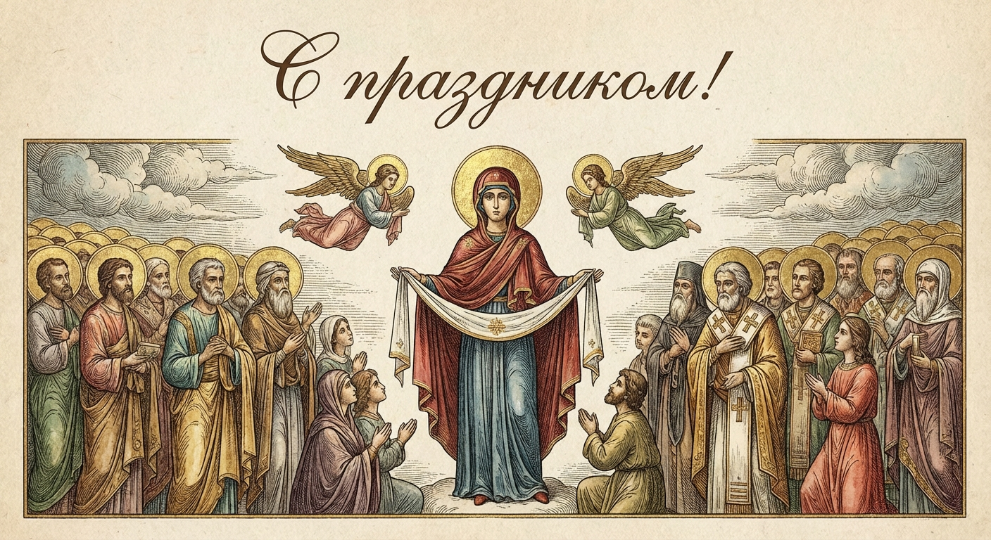 Создать открытку-картинку с поздравлением на Покров Пресвятой Богородицы с помощью нейросети