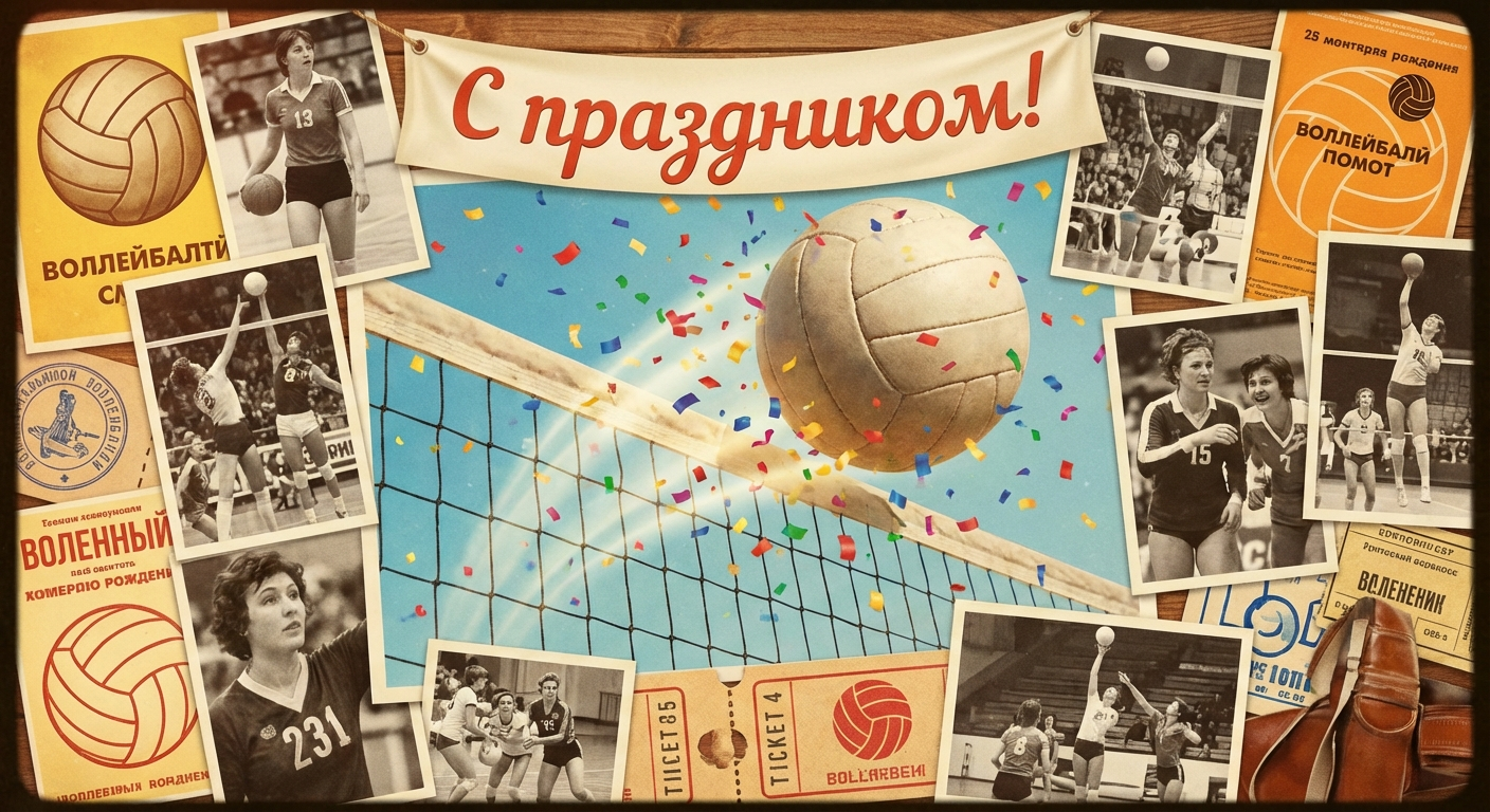 Создать открытку-картинку с поздравлением на День рождения волейбола с помощью нейросети